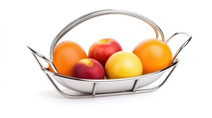 A vibrant assortment of fresh fruits in a sleek metallic basket on a white background