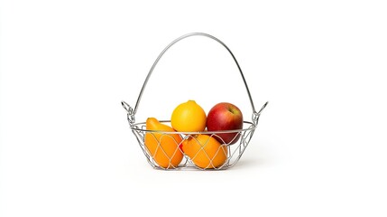 A vibrant assortment of fresh fruits in a modern wire basket on a clean white background