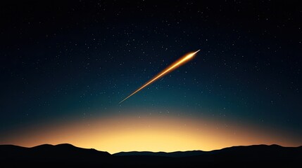 A vibrant meteor streaks across a twilight sky, illuminating a serene landscape below