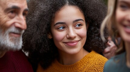 A joyful teenage girl with curly hair smiles warmly, surrounded by older adults, showcasing family togetherness and love.