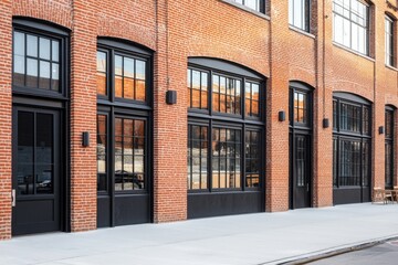 The modern brick building showcases an impressive facade adorned with large windows and sleek black trim, set against a bustling urban backdrop during the daytime