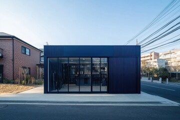 Obraz premium Modern architectural design of a sleek blue building located on a city street, showcasing large glass windows and minimalist structure during clear daylight in an urban area