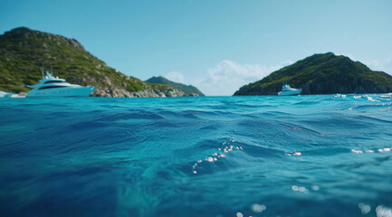 Fototapeta premium Close-up of crystal clear blue ocean water and green island on blurred background