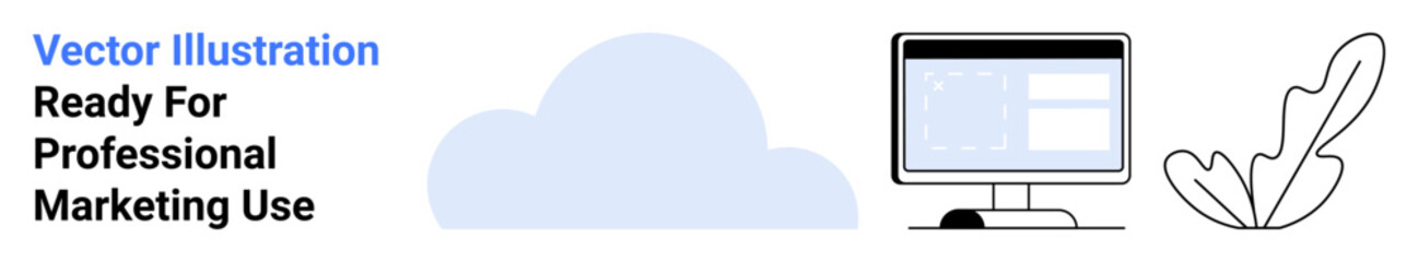 Cloud illustration, computer screen displaying a workspace, and leafy decoration ideal for data storage, digital workspace, team collaboration, productivity, minimal designs, technology branding