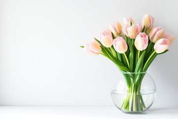 Fototapeta premium A bouquet of delicate pink tulips in a glass vase with area for text or design