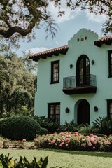 Charming turquoise house surrounded by lush greenery and colorful flowers in a serene outdoor setting during a sunny day