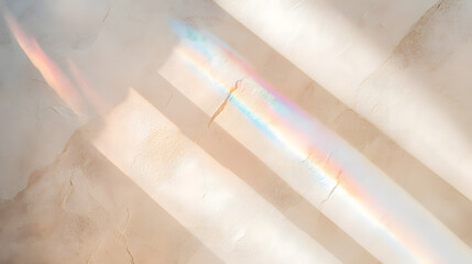 Sunlight filters through glass panels casting vibrant rainbow hues on the floor