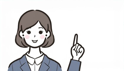 ポイントを説明したりレクチャーしたりする場面で上を指さす女性のイラスト画像。背景は白色。AIで生成	