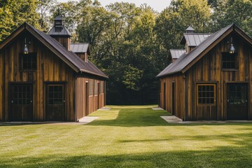 Obraz premium Beautiful wooden cabins situated in a lush green landscape under the sun, showcasing rustic architecture surrounded by trees in a serene outdoor environment