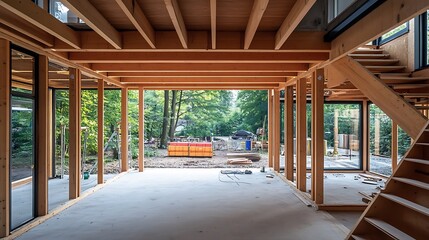 Modern Wooden House Under Construction,  Spacious Interior with Large Windows and a View of Lush Greenery