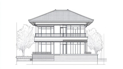 Two-story house architectural drawing, trees, landscaping, residential design
