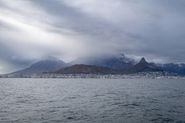 Photo of Capetown in South Africa from the ocean in poor weather conditions