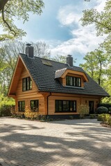 Modern wooden house surrounded by lush greenery in a tranquil forest setting, showcasing a well-designed exterior and a welcoming atmosphere during the daytime