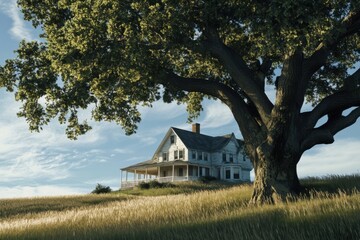 Fototapeta premium Sunlight filters through a large oak tree, casting shadows over a classic farmhouse surrounded by golden fields on a serene day