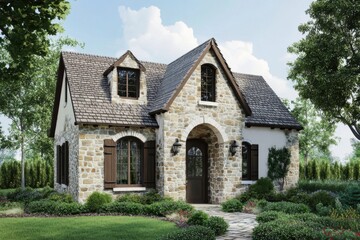 Obraz premium Discover a delightful stone cottage, boasting elegant architectural design, perfectly situated within a vibrant green landscape beneath a radiant blue sky