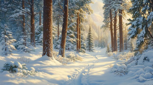 Sunlit winter forest path; snowy trees, calm background; ideal for winter cards