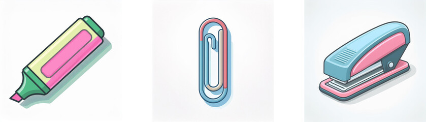 Isometric vector art of office supplies. Pink and green highlighter, blue and pink paperclip, and blue and pink stapler on white background.