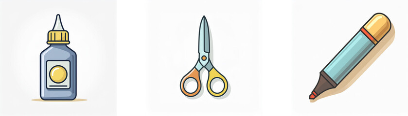 Obraz premium Description: Three essential craft and office items on a white background: a glue bottle, scissors, and a marker. Useful tools for creative projects and tasks.Keywords: