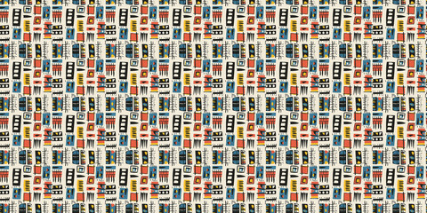 Fototapeta premium Abstract African art shapes seamless backgrounds, tribal geometric decoration patterns. Colored flat boho symbols illustrations 