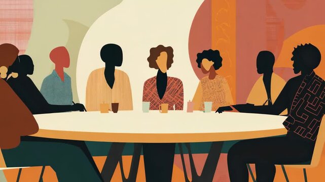 A diverse team of mediators seated at a round table, facilitating dialogue between conflicting stakeholders in a community dispute