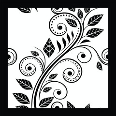 Modern Botanical Swirl & Geometric Tile | Black & White Ornamental Vector Pattern for Textile, Wallpaper, Packaging, Interior & Digital Art | Seamless Floral Abstract Design

