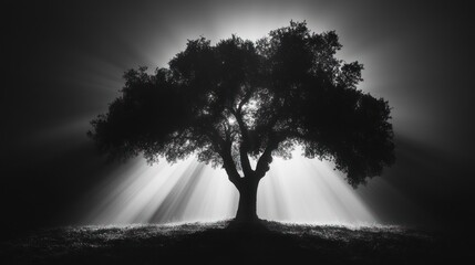 Obraz premium Majestic oak tree sunrise, misty field, peaceful scene, nature photography