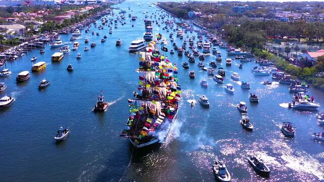 Jose Gasparilla Pirate Ship Tampa Bay, Florida. Aerial view of the famous Gasparilla Parade. 