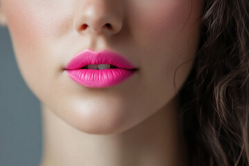 Fototapeta premium Woman with pink lipstick and long hair in black dress holding bouquet of white flowers, smiling brightly against a garden backdrop on a sunny day.
