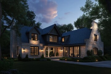 Elegant stone house illuminated at twilight with landscaped garden and trees surrounding the property in a peaceful neighborhood setting