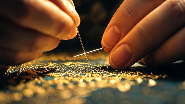 Close-up of hands threading sewing needle, detailed view in warm creative tailoring studio