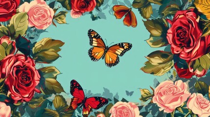 Naklejka premium Colorful Butterflies Among Vibrant Roses on Blue Background
