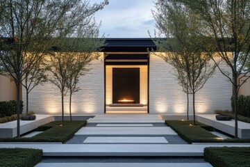 Obraz premium Modern landscaping design featuring geometric pathways, a central fire feature, and well-maintained trees in a contemporary outdoor setting during dusk