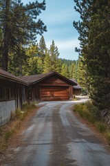 Peaceful rural road leading to a rustic wooden cabin surrounded by tall trees and a serene landscape in the early evening light
