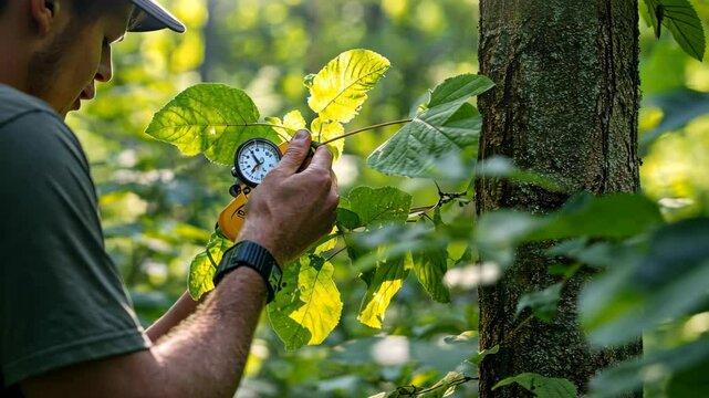Forester measuring tree diameter with a caliper in a dense forest, vibrant green leaves, soft natural light
