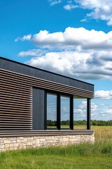 Fototapeta premium Contemporary architecture beautifully complements the natural environment, set against a tranquil landscape adorned with bright clouds during daylight hours