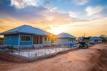 Obraz premium New Home Construction at Sunset: Foundations, Walls, and Roofs Rise Beautifully