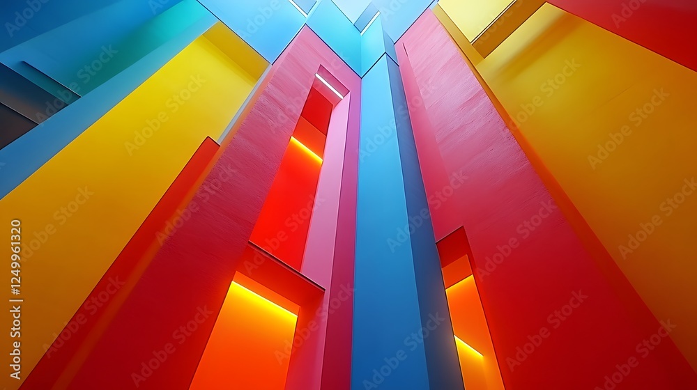 Fototapete abstract shapes float in an open space with vibran colorful building featuring many different colore