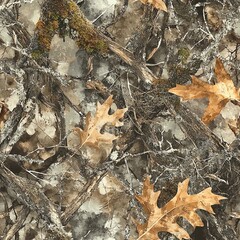 Mossy Oak Tree Roots, Branches and Oak Leaves Camouflage Seamless Pattern Texture