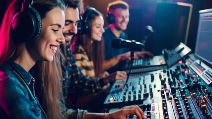 team of broadcasters preparing a live show, vibrant and collaborative atmosphere, professional equipment, engaging content, modern soundproof studio