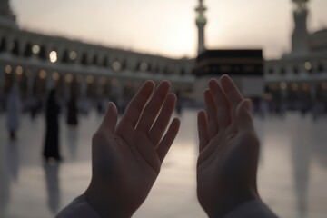 A person's hands are raised to pray in front of the Kaaba in Mecca.