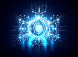 Abstract digital artwork with bright blue glowing lines and shapes against a dark backdrop. A futuristic concept, centered around a hexagon, evokes technology and connection.