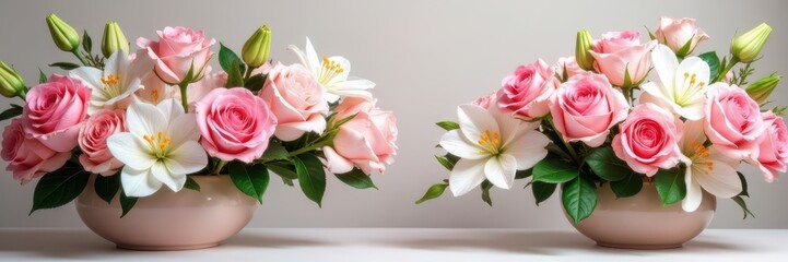 Dense floral arrangement of pink roses and white lilies in a modern vases, vase, roses, beauty