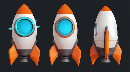 3d cartoon rocket booster icon with flat view, featuring white body, orange fins, and blue circular window, isolated on transparency background. Futuristic Religious Icons. Illustration
