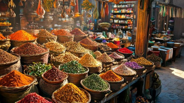 bustling spice market with rich aromas and vibrant colors, perfect for illustrating culinary adventures in exotic destinations
