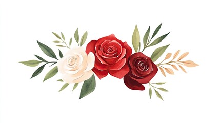 Fototapeta premium Elegant floral arrangement featuring red, white, and burgundy roses with green leaves