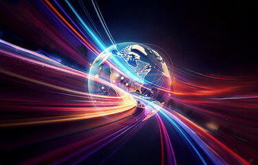 A glowing globe encircled by vibrant streaks of light against a dark backdrop, suggesting energy flow and global connectivity in an abstract style.