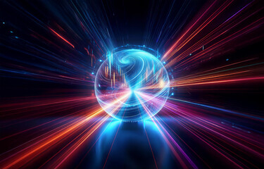 Obraz premium A central glowing blue sphere radiates vibrant beams of light in red, orange, and blue. Abstract representation of energy and motion emanating outwards.