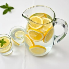 Fototapeta premium A clear glass pitcher filled with water and several lemon slices