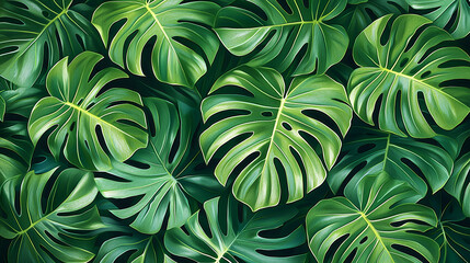 Fototapeta premium Detailed abstract pattern of tropical leaves with vibrant green tones and natural texture, professionally lit for desktop backgrounds and digital projects