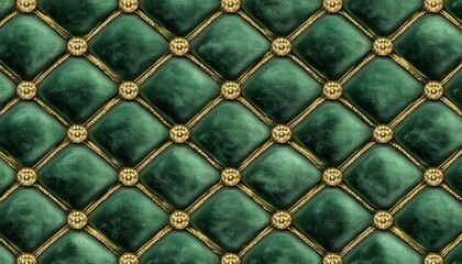 Fototapeta premium Green velvet upholstery with golden buttons and diamond pattern